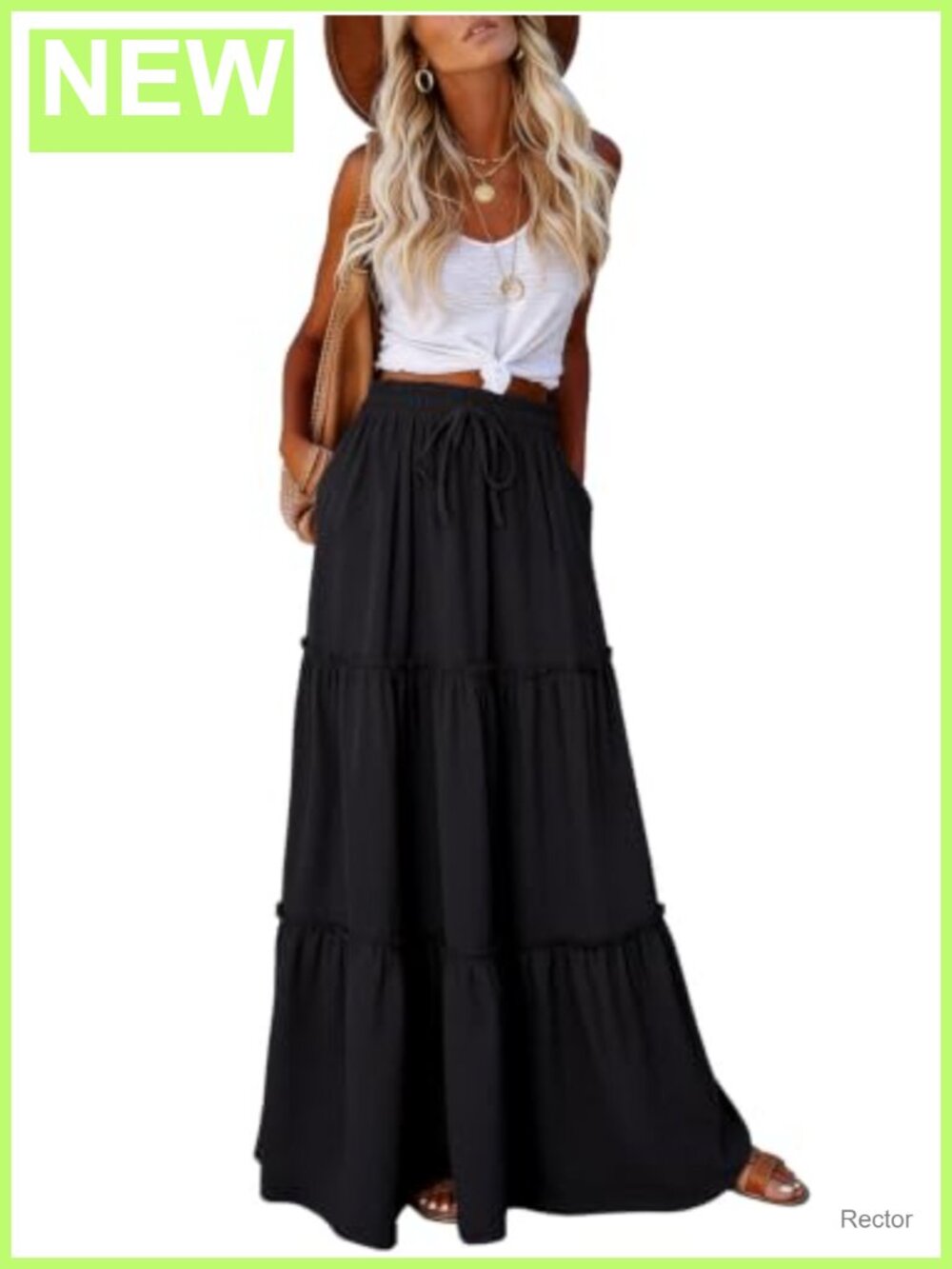 Women's Maxi Skirt Elastic High Waist Tie Tiered Ruffled Long Skirt Pockets